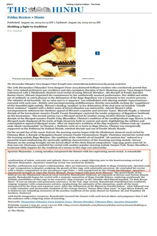 Review of the  27th Devanandan Ubhayakar Yuva Sangeet Utsav Bangalor, Karnataka India 2013 on HINDU